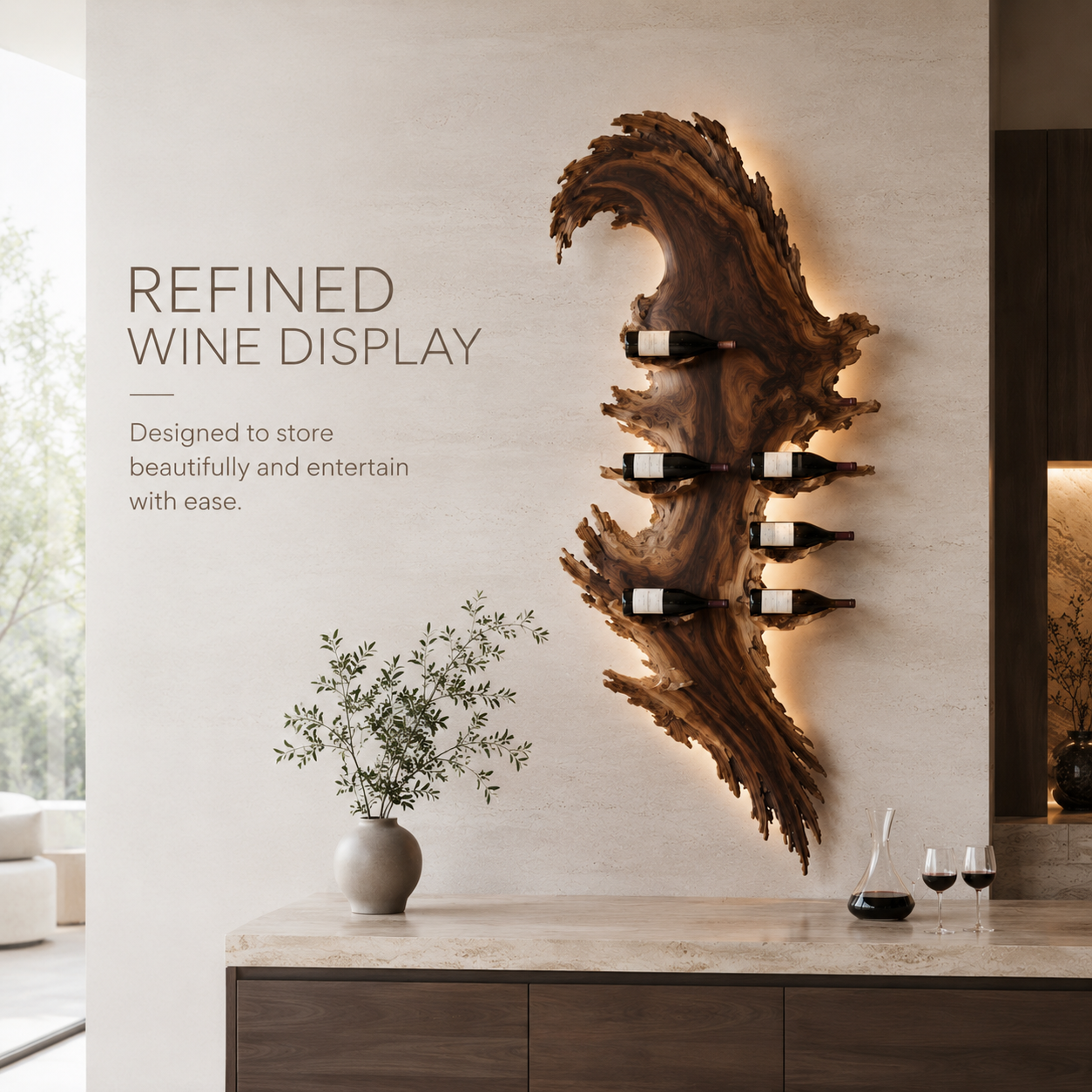 Solid Wood Wall Wine Rack with Glass Holder - Floating Rail - product image 07