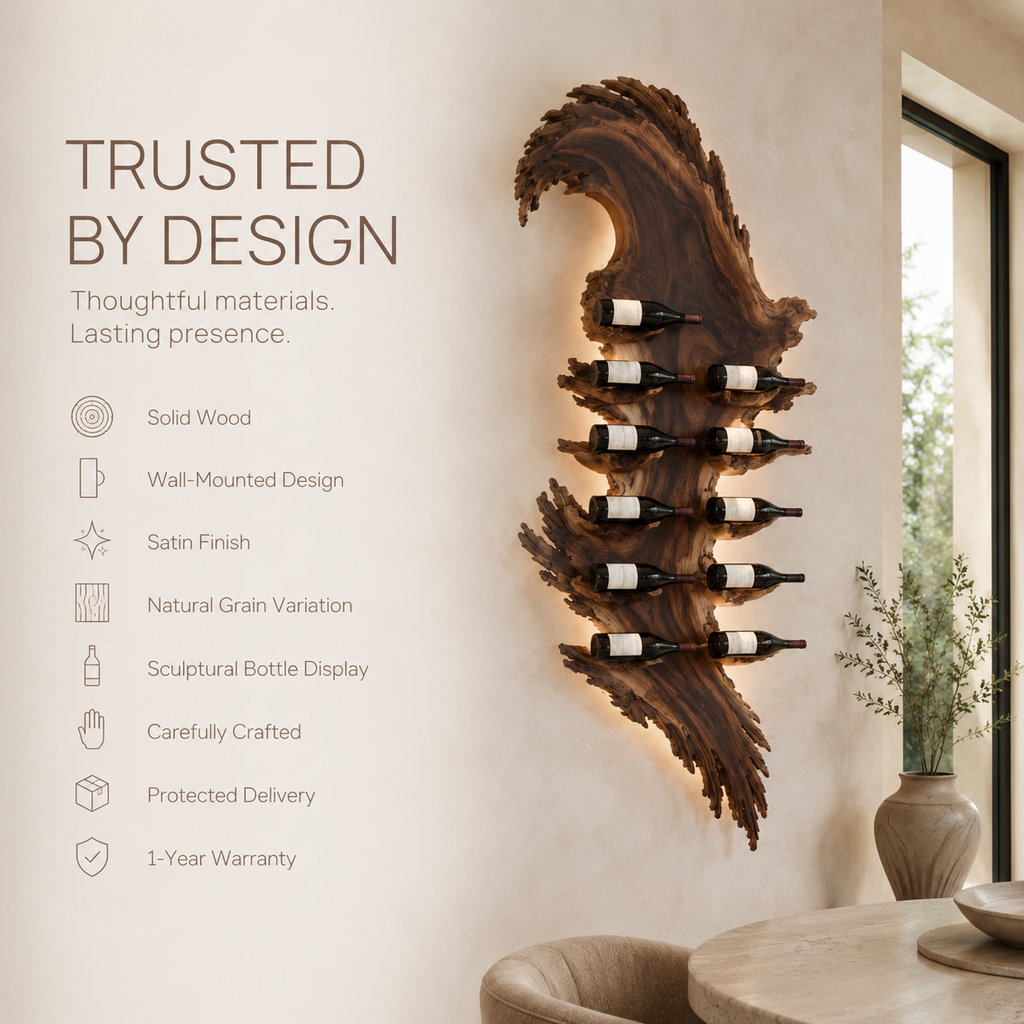 Solid Wood Wall Wine Rack with Glass Holder - Floating Rail - product image 09