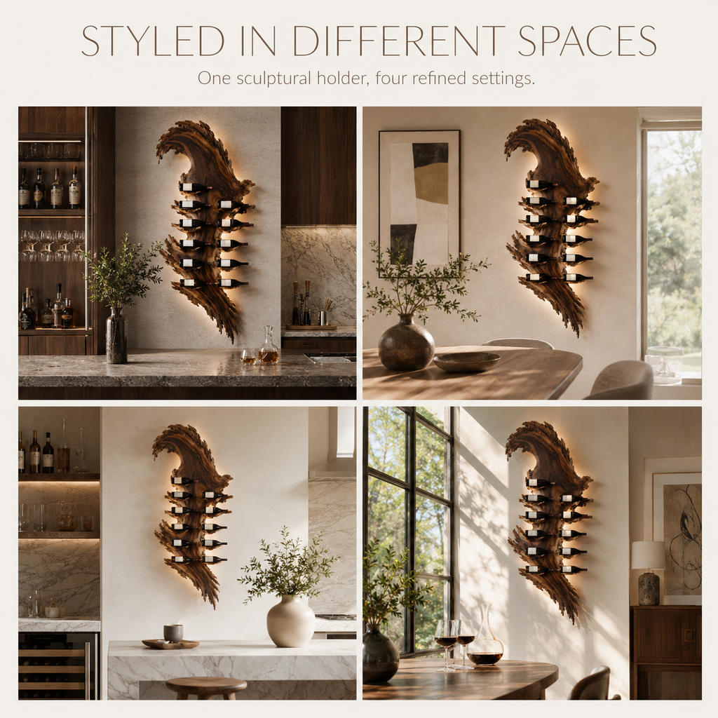 Solid Wood Wall Wine Rack with Glass Holder - Floating Rail - product image 10