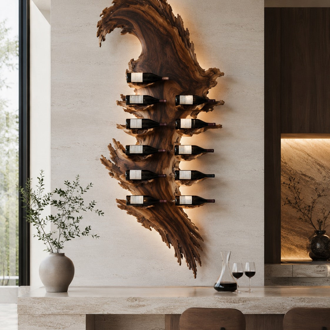 Solid Wood Wall Wine Rack with Glass Holder - Floating Rail - Design 160 - square cover image