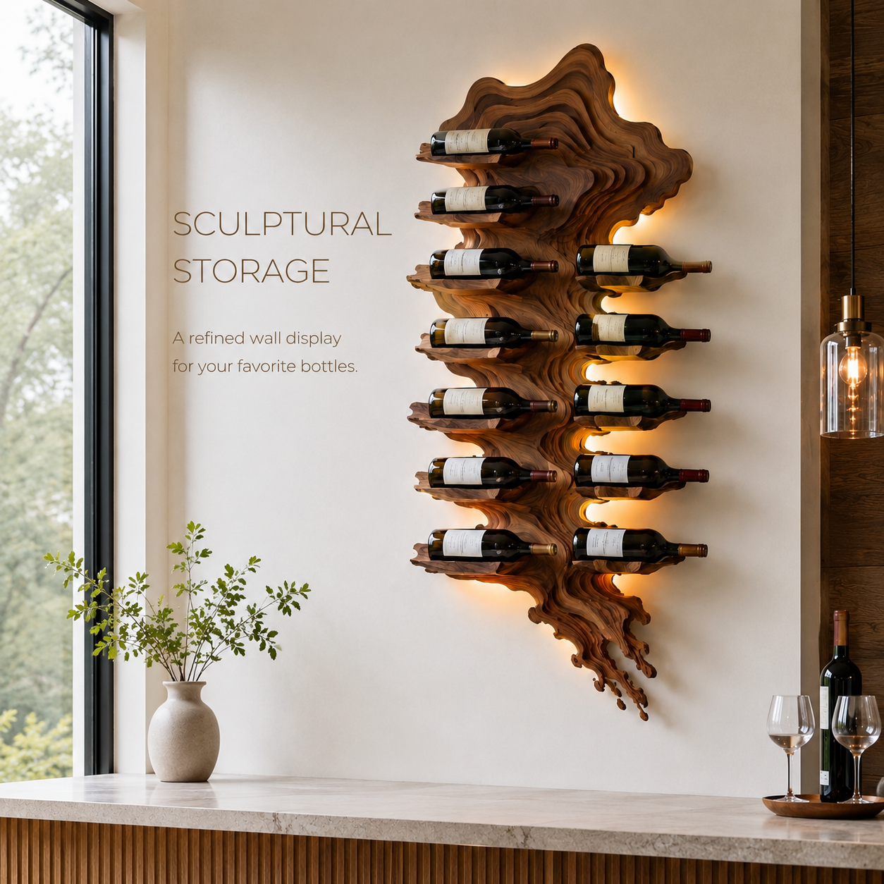 Solid Wood Wall Wine Rack with Glass Holder - River Form - product image 02