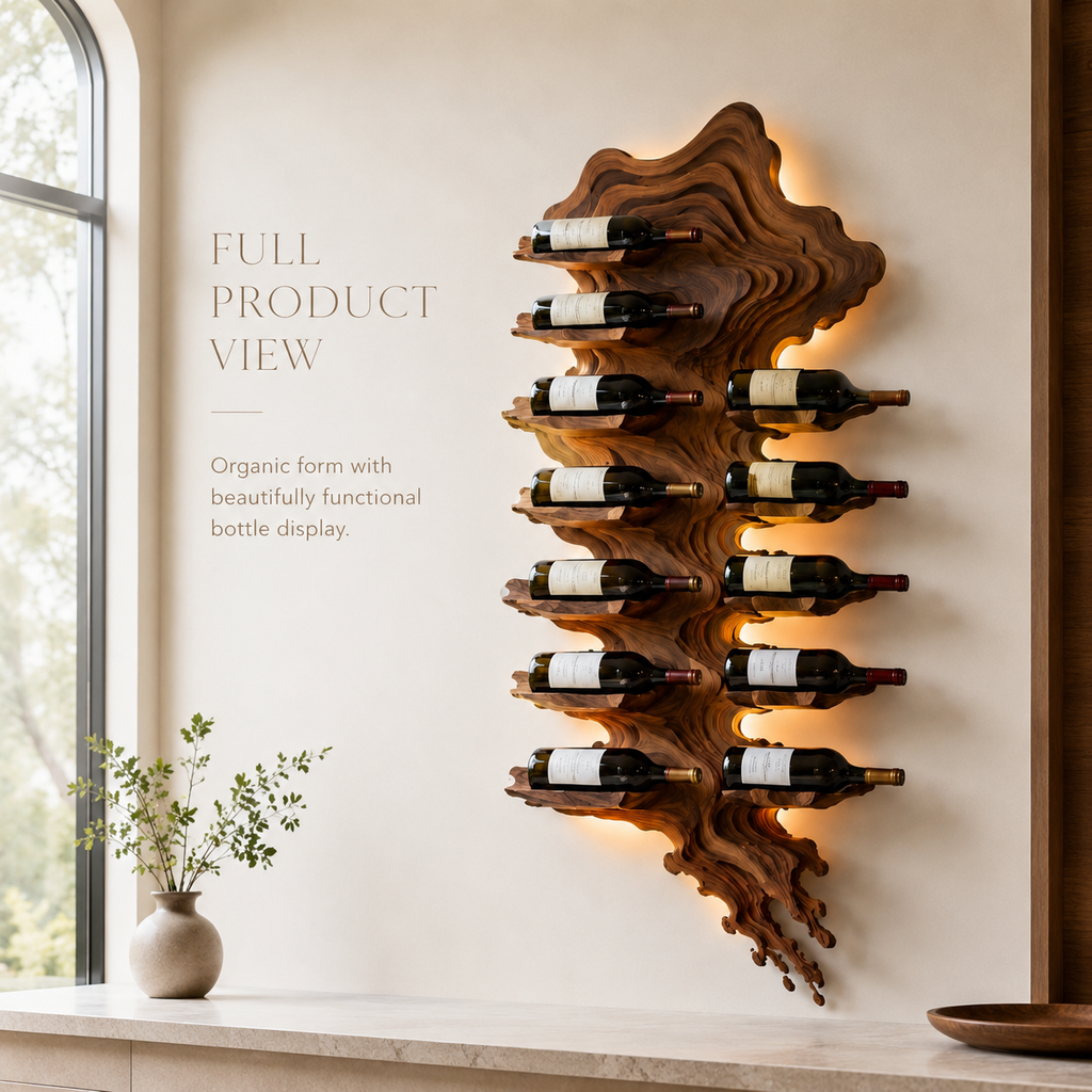 Solid Wood Wall Wine Rack with Glass Holder - River Form - product image 03