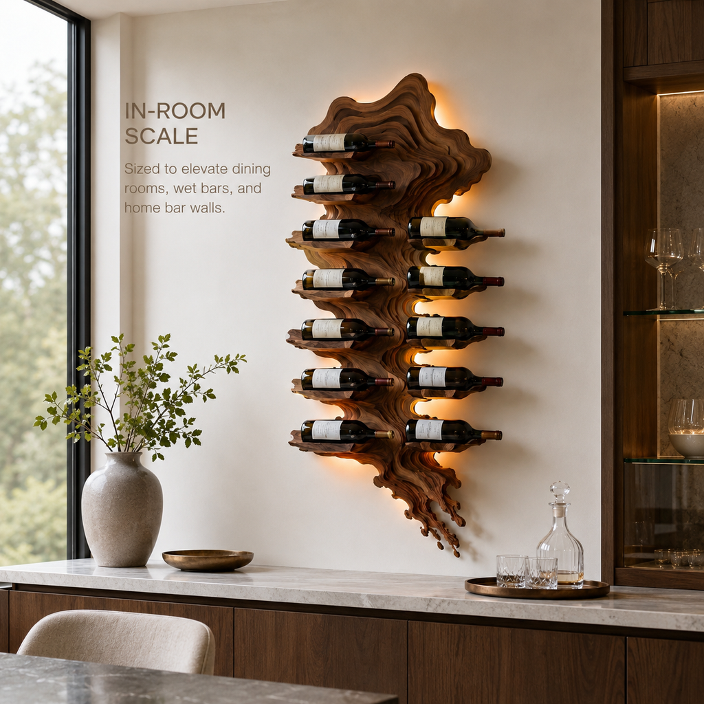 Solid Wood Wall Wine Rack with Glass Holder - River Form - product image 04