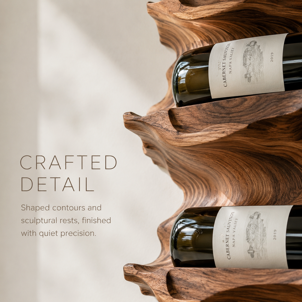 Solid Wood Wall Wine Rack with Glass Holder - River Form - product image 06