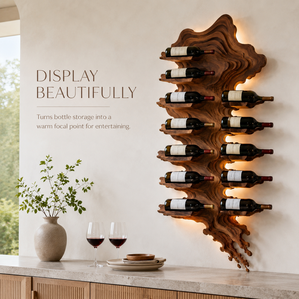 Solid Wood Wall Wine Rack with Glass Holder - River Form - product image 07