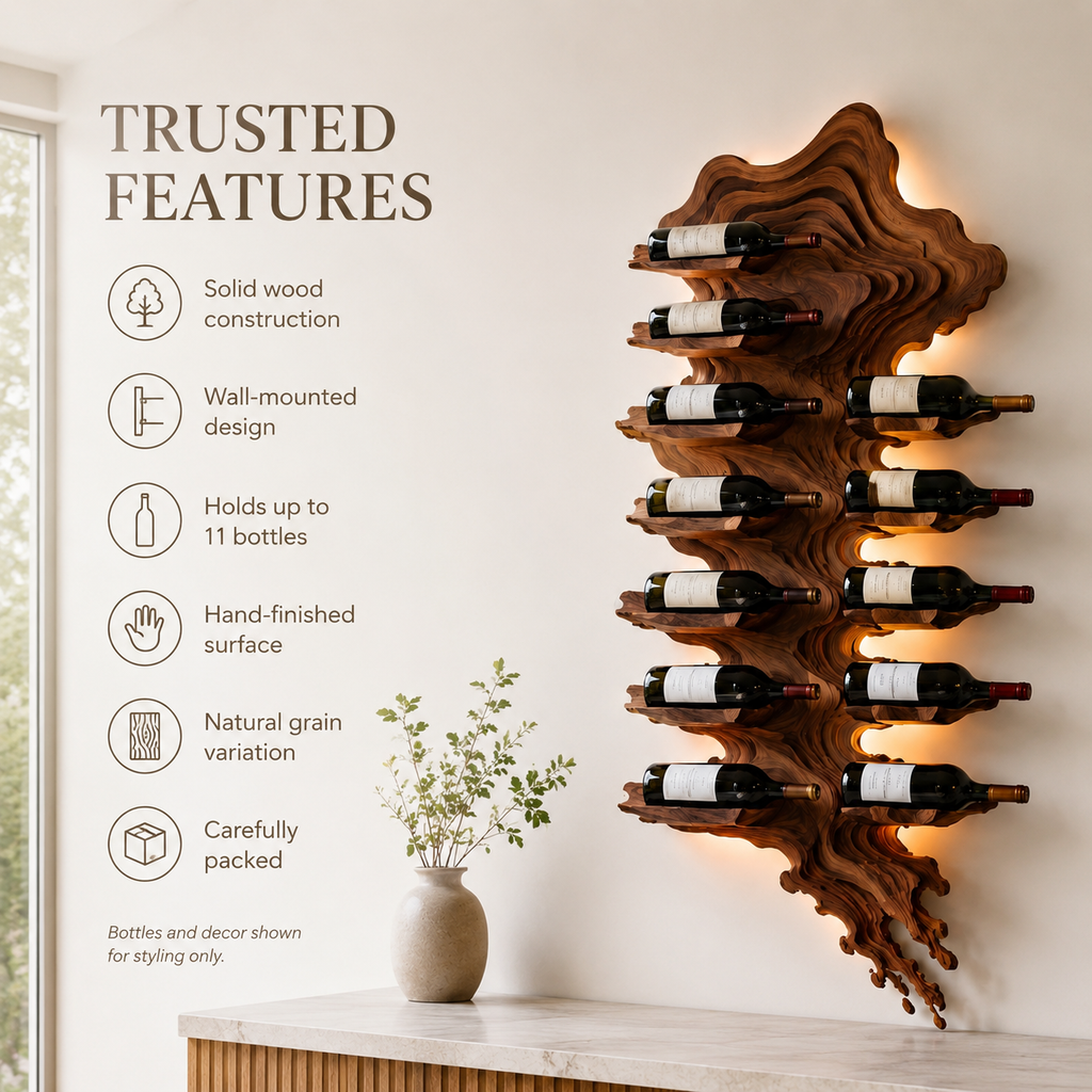 Solid Wood Wall Wine Rack with Glass Holder - River Form - product image 10