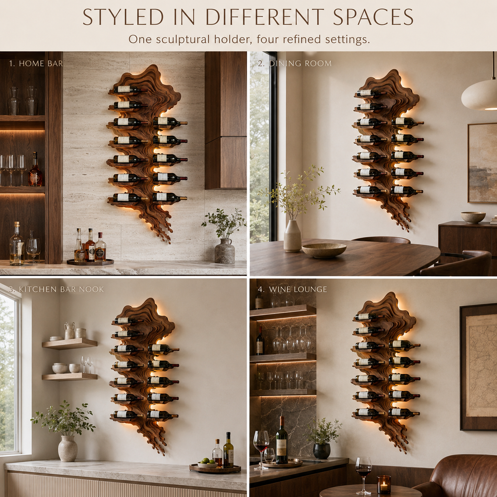 Solid Wood Wall Wine Rack with Glass Holder - River Form - product image 11