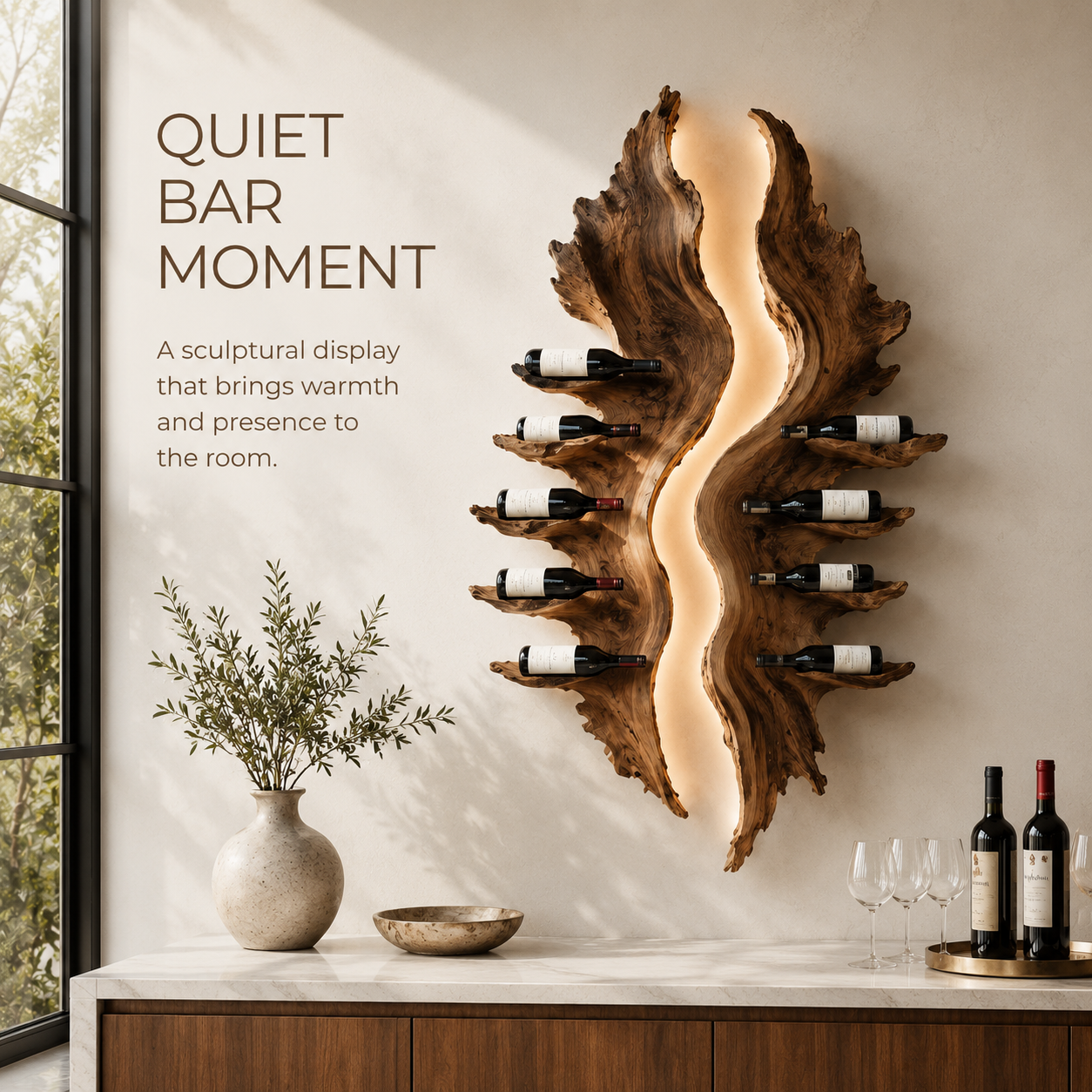 Solid Wood Wall Wine Rack with Glass Holder - Cellular Display - product image 02