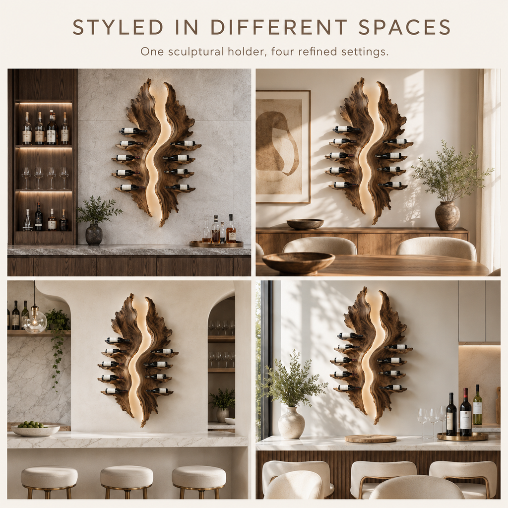 Solid Wood Wall Wine Rack with Glass Holder - Cellular Display - product image 11