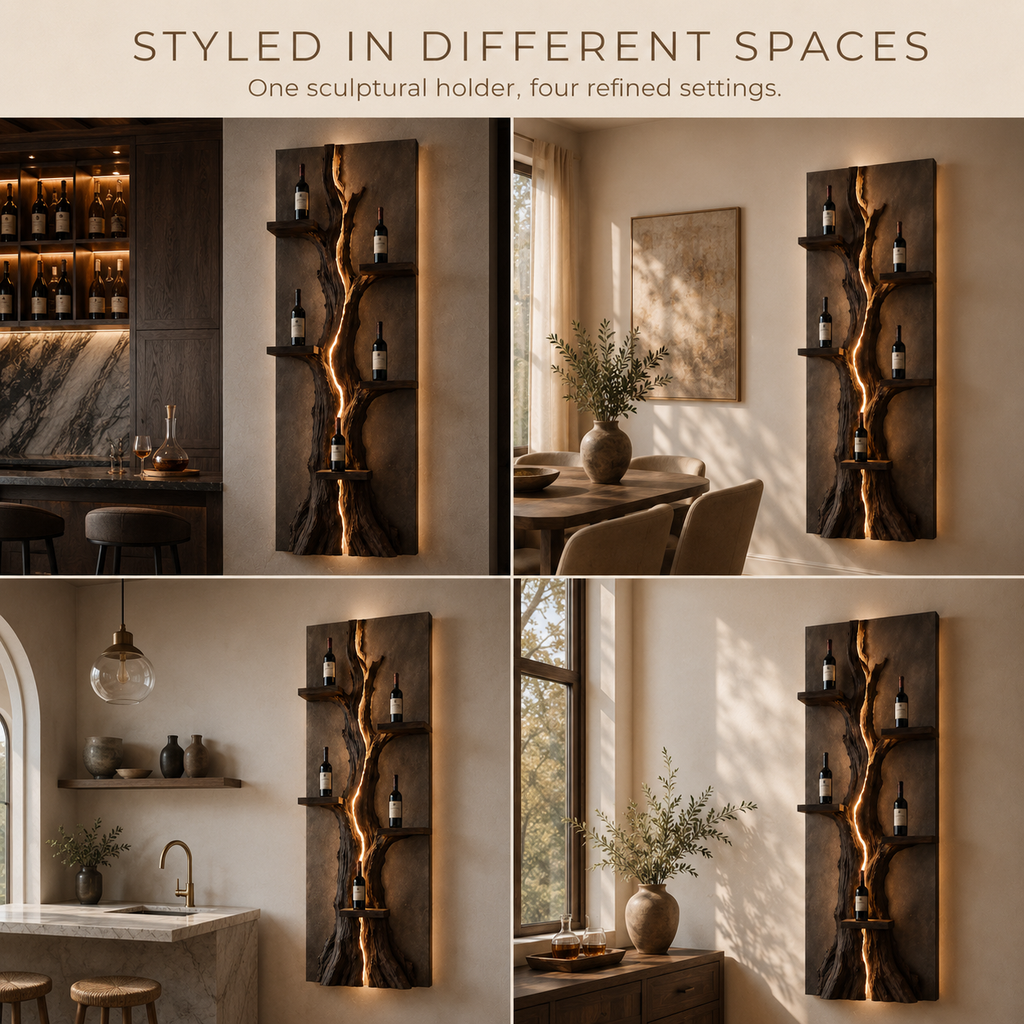 Solid Wood Wall Wine Rack with Glass Holder - Gallery Wave - product image 10