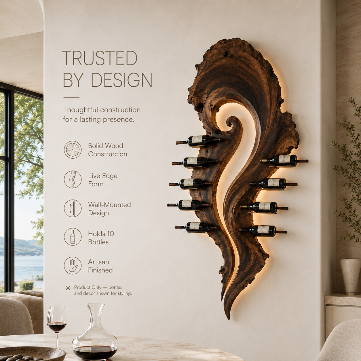 Solid Wood Wall Wine Rack with Glass Holder - Gallery Wave - product image 09