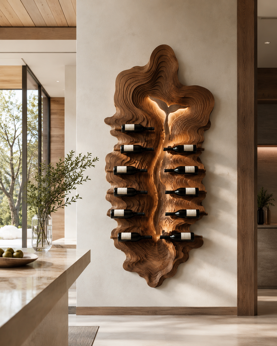 Solid Wood Wall Wine Rack with Glass Holder - Carved Halo - main view