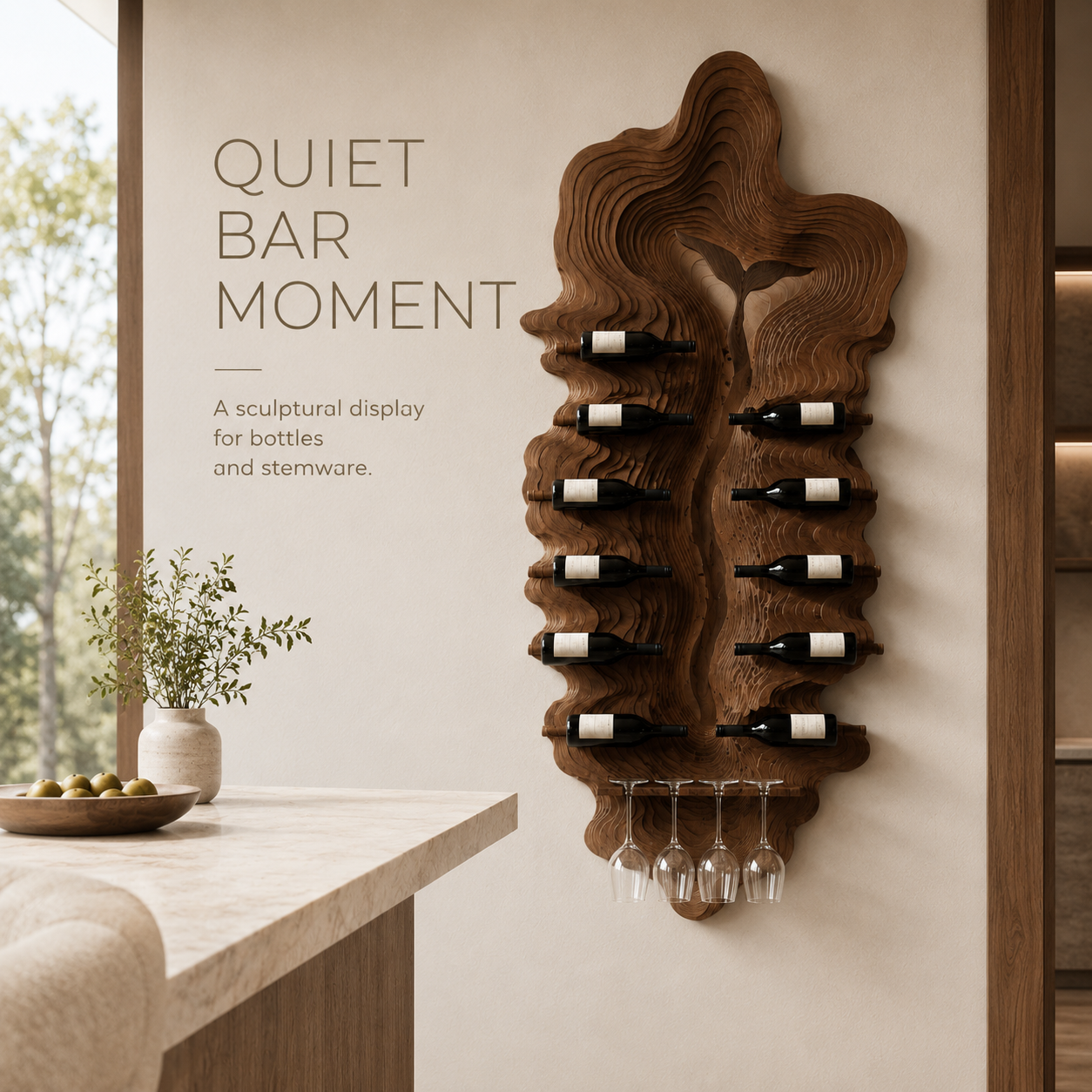 Solid Wood Wall Wine Rack with Glass Holder - Carved Halo - product image 02