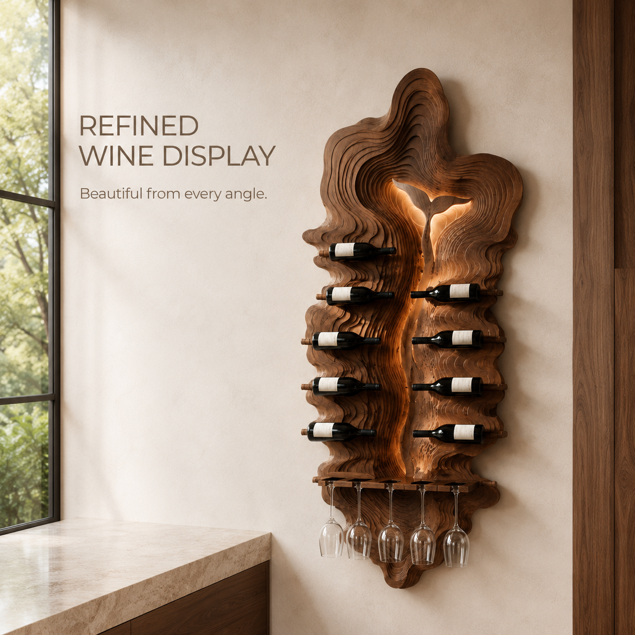 Solid Wood Wall Wine Rack with Glass Holder - Carved Halo - product image 03