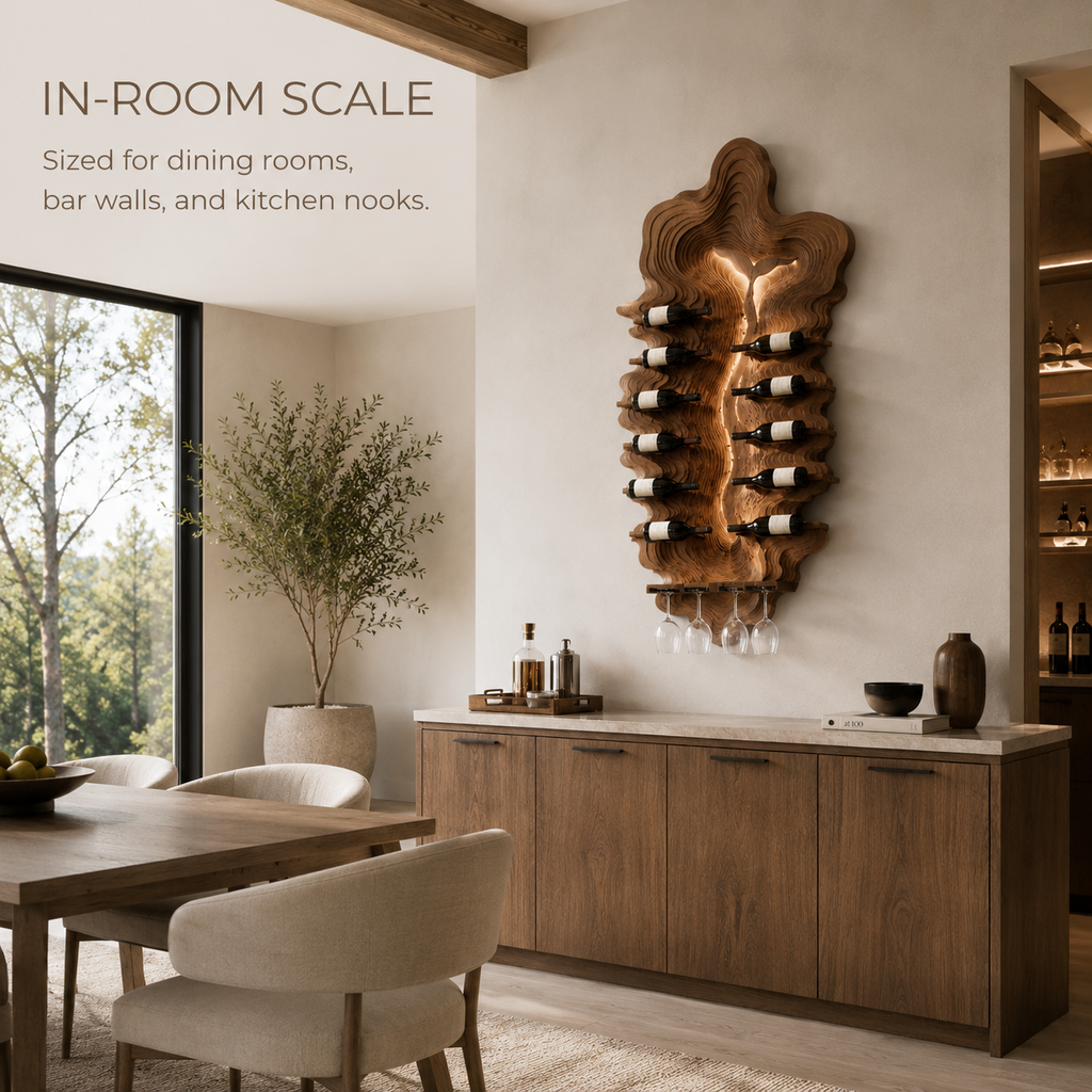 Solid Wood Wall Wine Rack with Glass Holder - Carved Halo - product image 04
