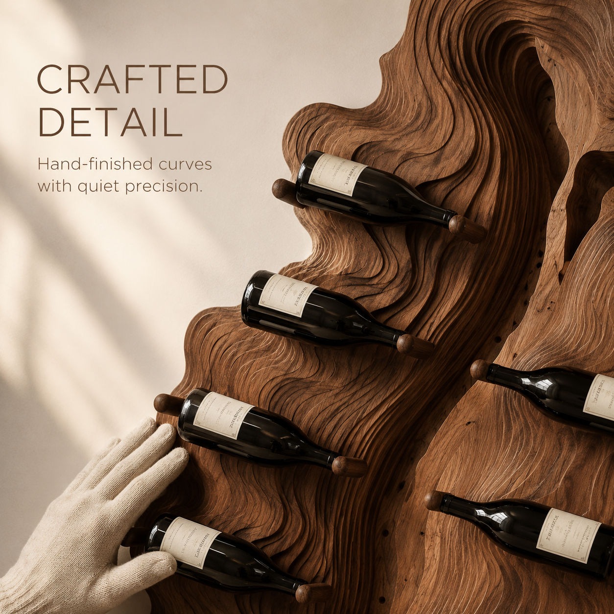 Solid Wood Wall Wine Rack with Glass Holder - Carved Halo - product image 06