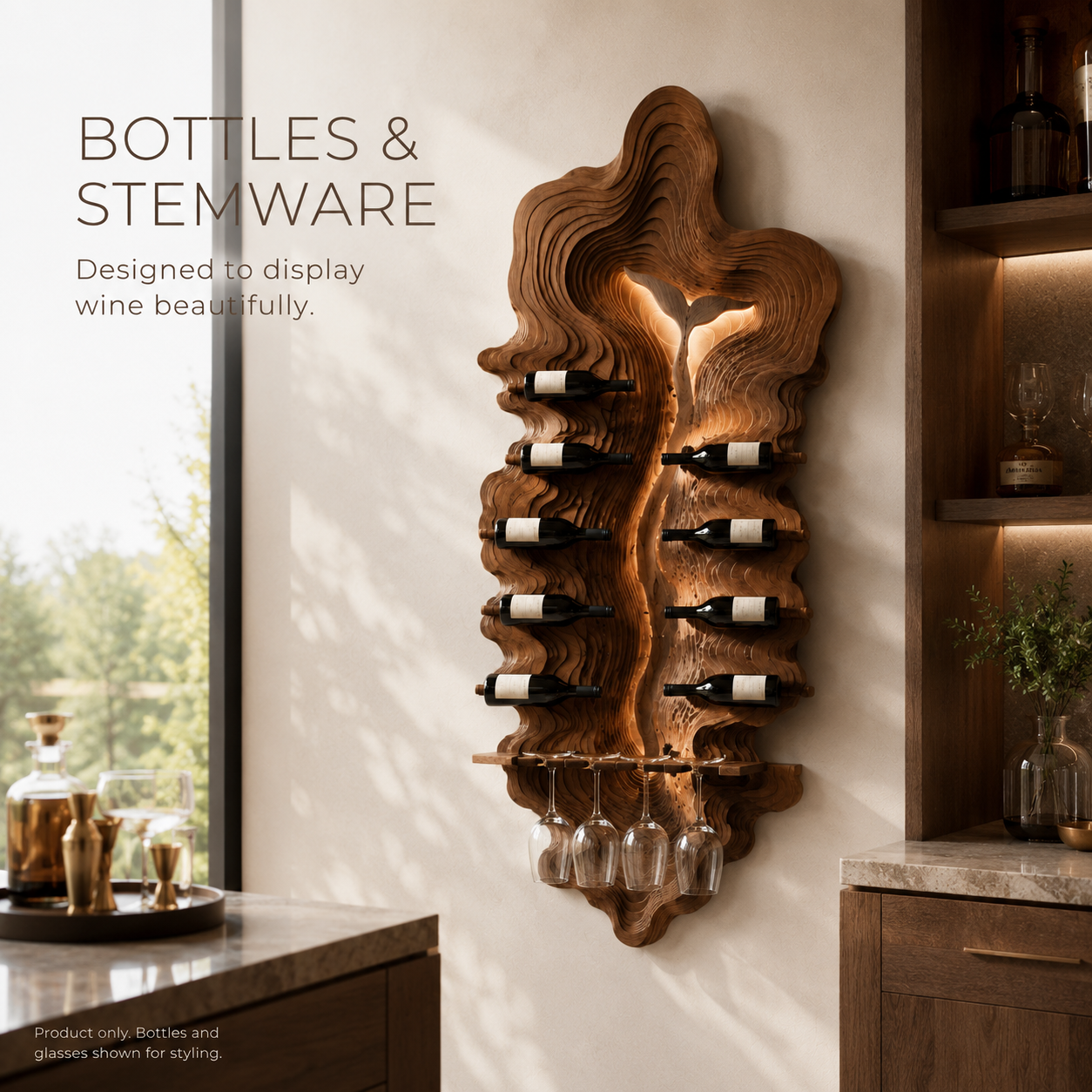 Solid Wood Wall Wine Rack with Glass Holder - Carved Halo - product image 07