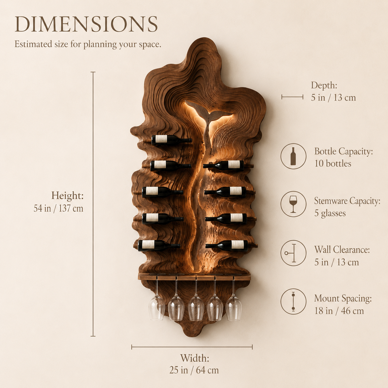 Solid Wood Wall Wine Rack with Glass Holder - Carved Halo - product image 08