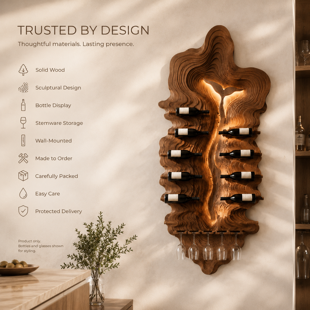 Solid Wood Wall Wine Rack with Glass Holder - Carved Halo - product image 09