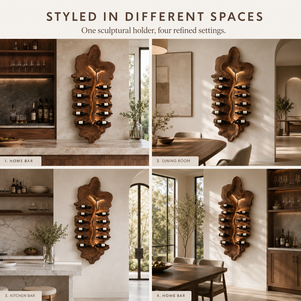 Solid Wood Wall Wine Rack with Glass Holder - Carved Halo - product image 10