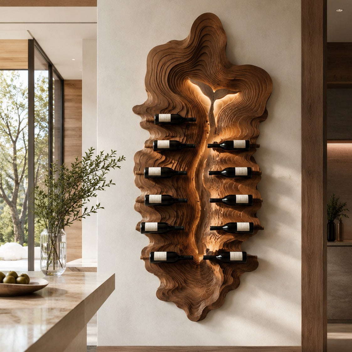 Solid Wood Wall Wine Rack with Glass Holder - Carved Halo - Design 165 - square cover image