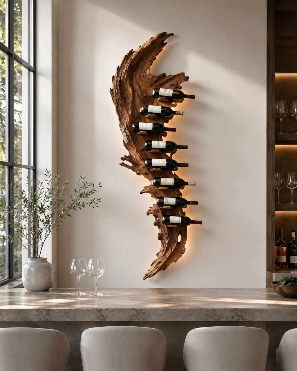 Solid Wood Wall Wine Rack with Glass Holder - Root Form - main view
