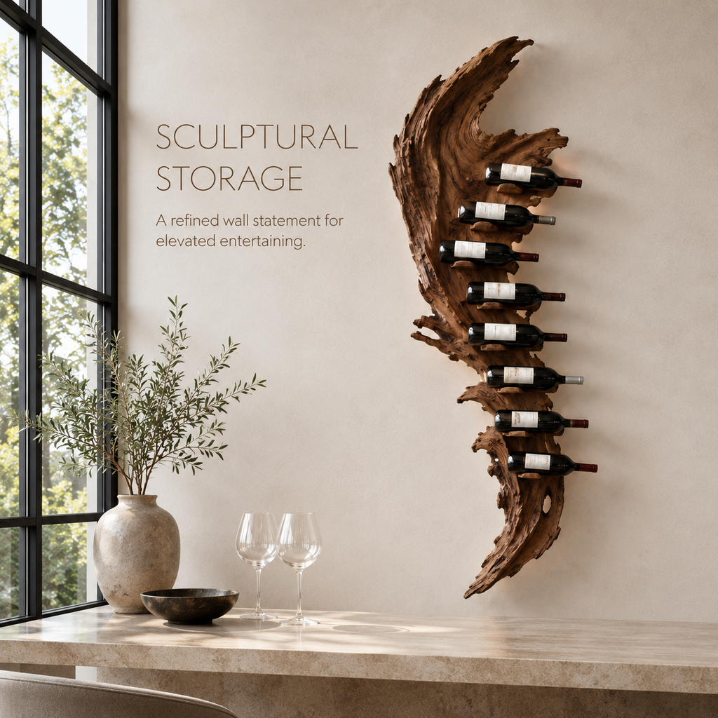 Solid Wood Wall Wine Rack with Glass Holder - Root Form - product image 02