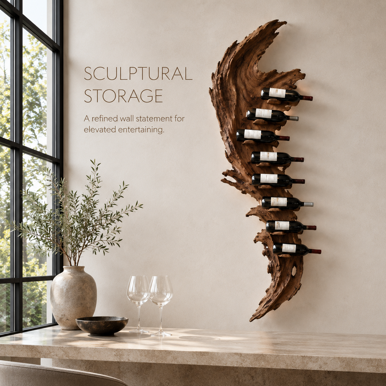 Solid Wood Wall Wine Rack with Glass Holder - Root Form - product image 02