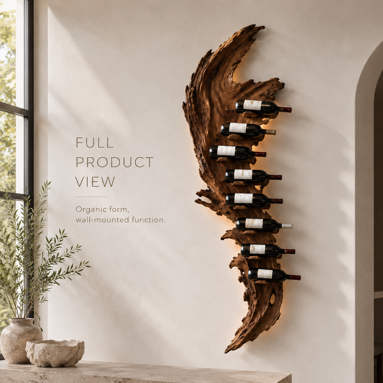 Solid Wood Wall Wine Rack with Glass Holder - Root Form - product image 03