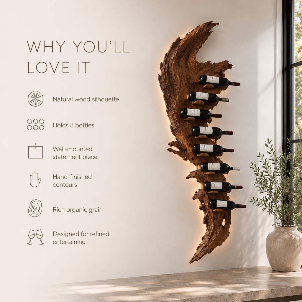 Solid Wood Wall Wine Rack with Glass Holder - Root Form - product image 09