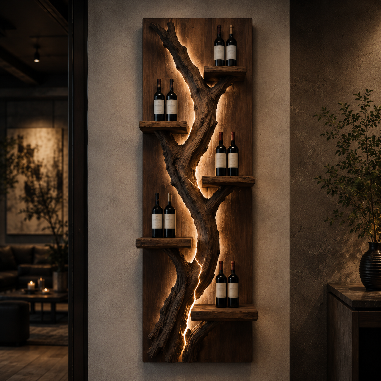 Solid Wood Wall Wine Rack with Glass Holder - Crescent Wall - main view