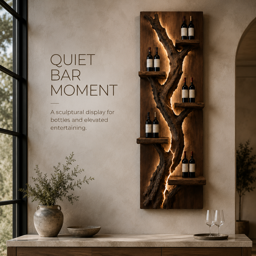 Solid Wood Wall Wine Rack with Glass Holder - Crescent Wall - product image 02
