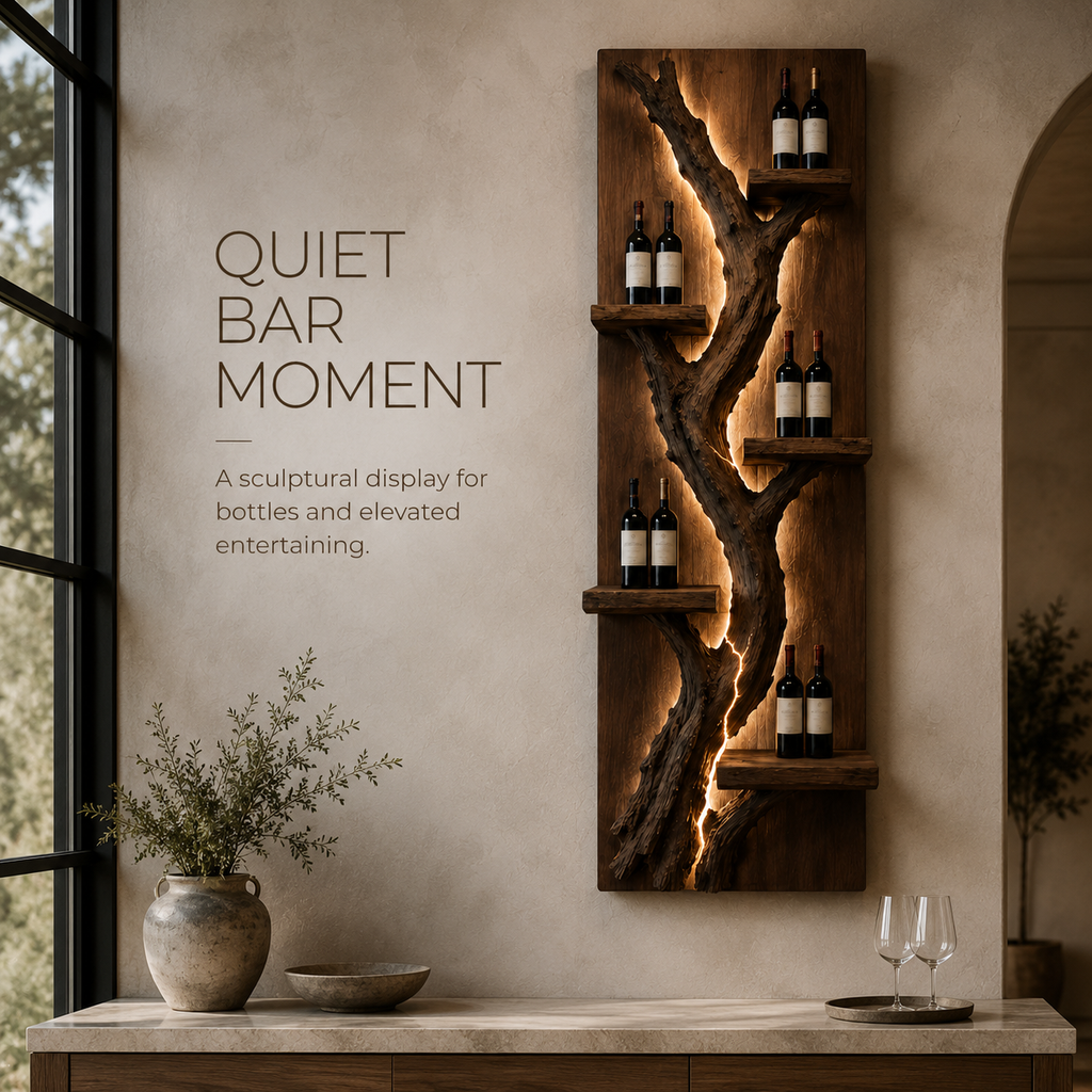 Solid Wood Wall Wine Rack with Glass Holder - Crescent Wall - product image 02