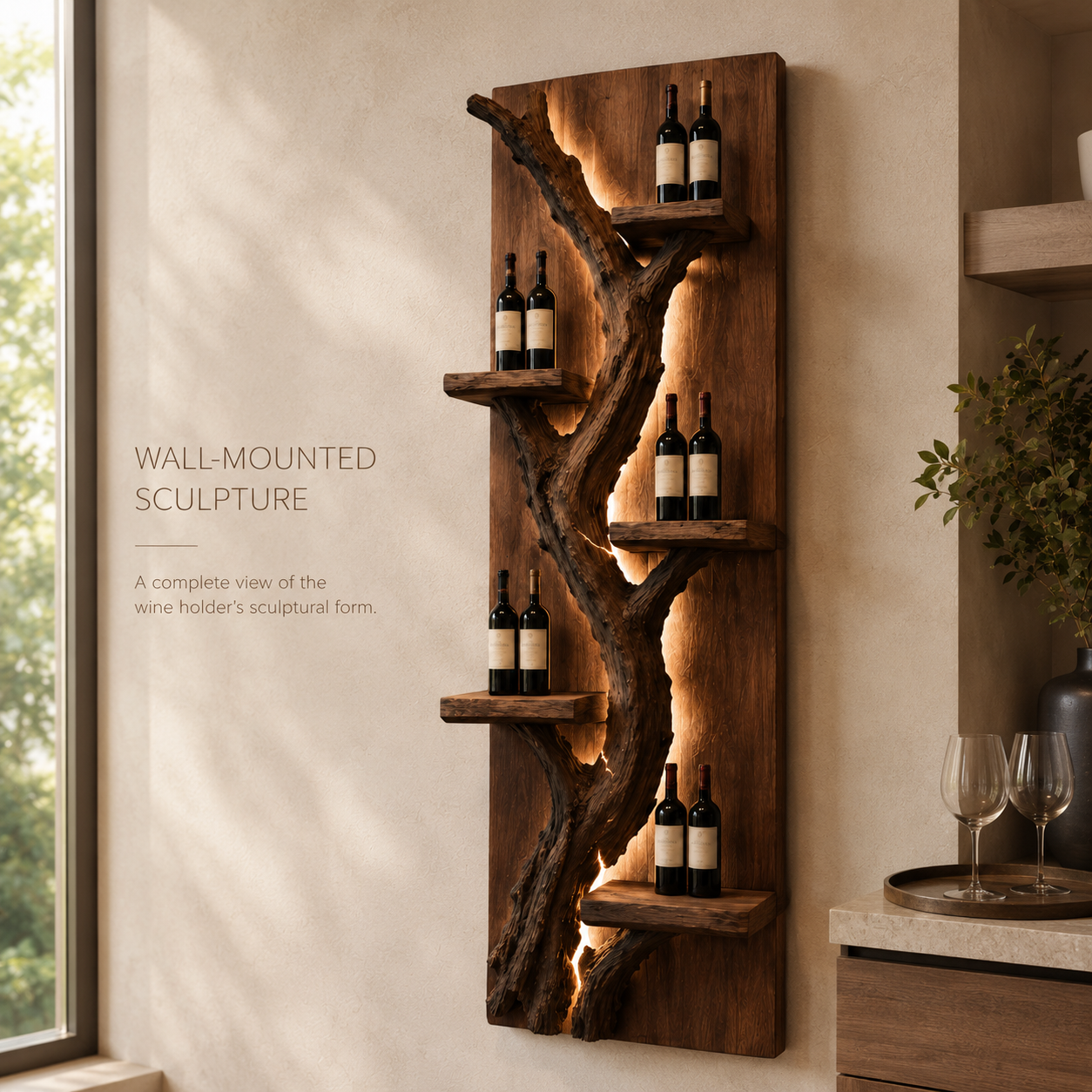 Solid Wood Wall Wine Rack with Glass Holder - Crescent Wall - product image 03