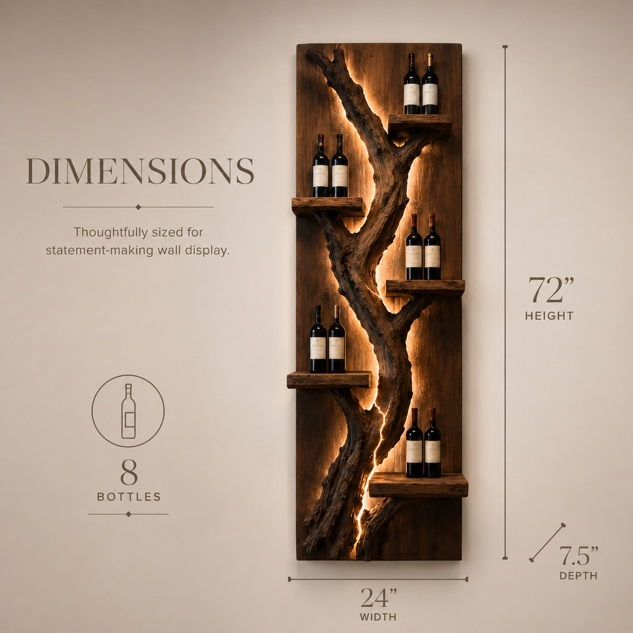 Solid Wood Wall Wine Rack with Glass Holder - Crescent Wall - product image 08