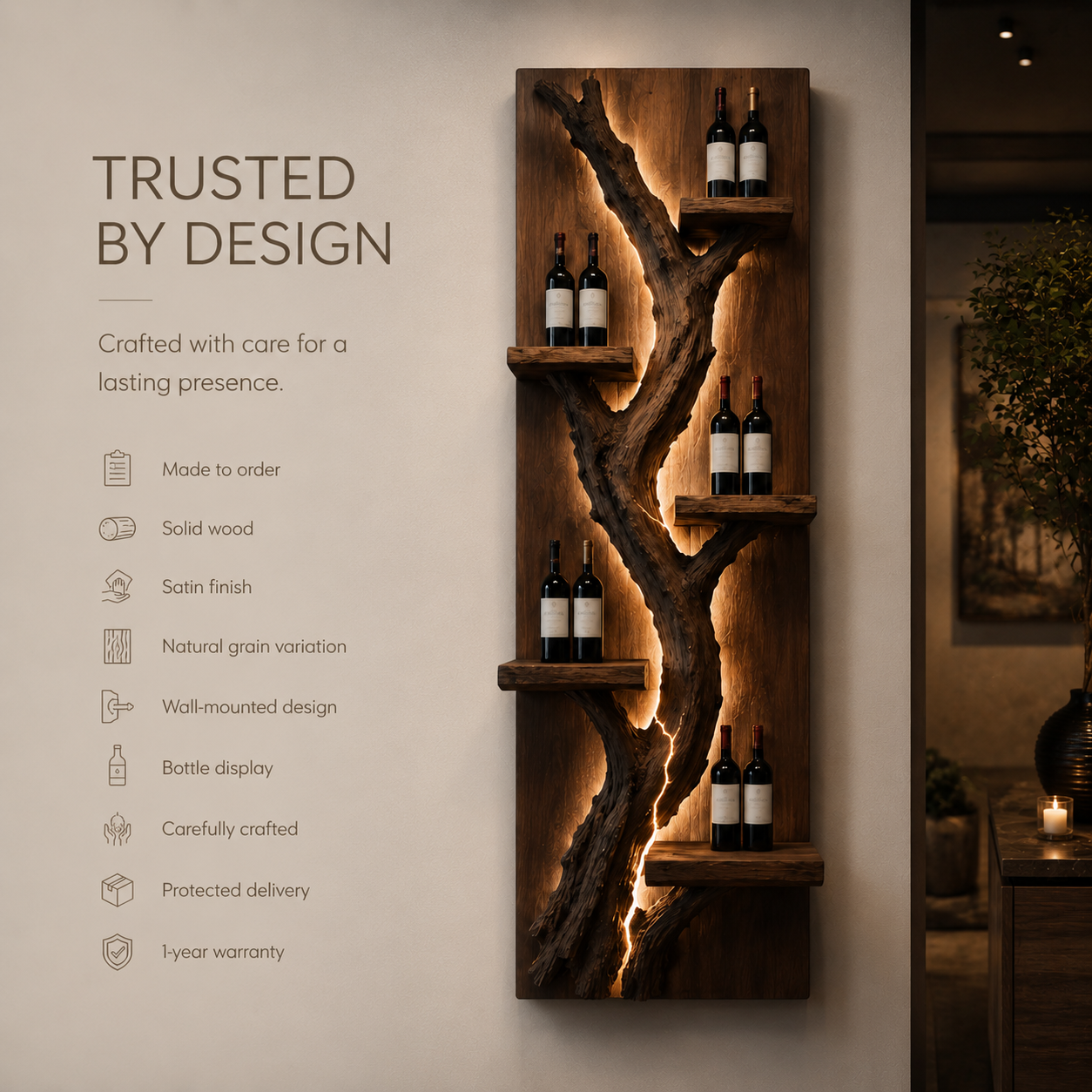 Solid Wood Wall Wine Rack with Glass Holder - Crescent Wall - product image 09