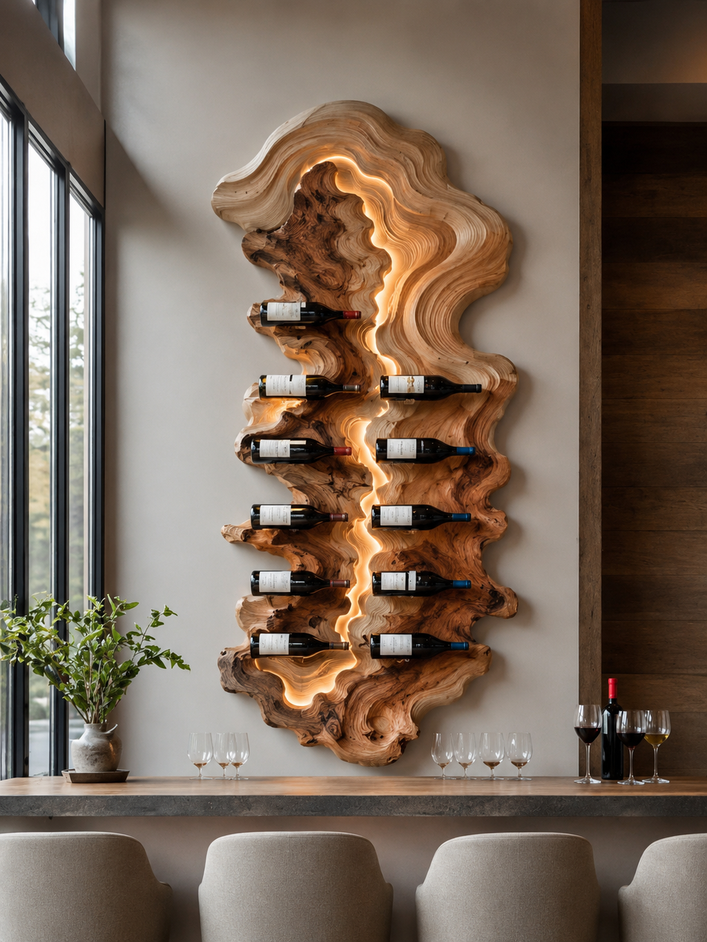 Solid Wood Wall Wine Rack with Glass Holder - Floating Rail - main view