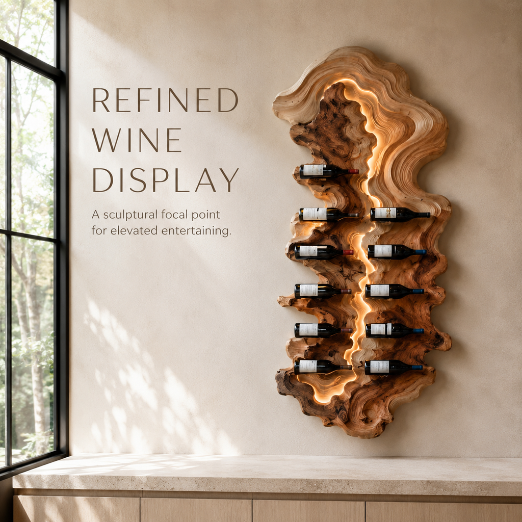 Solid Wood Wall Wine Rack with Glass Holder - Floating Rail - product image 02