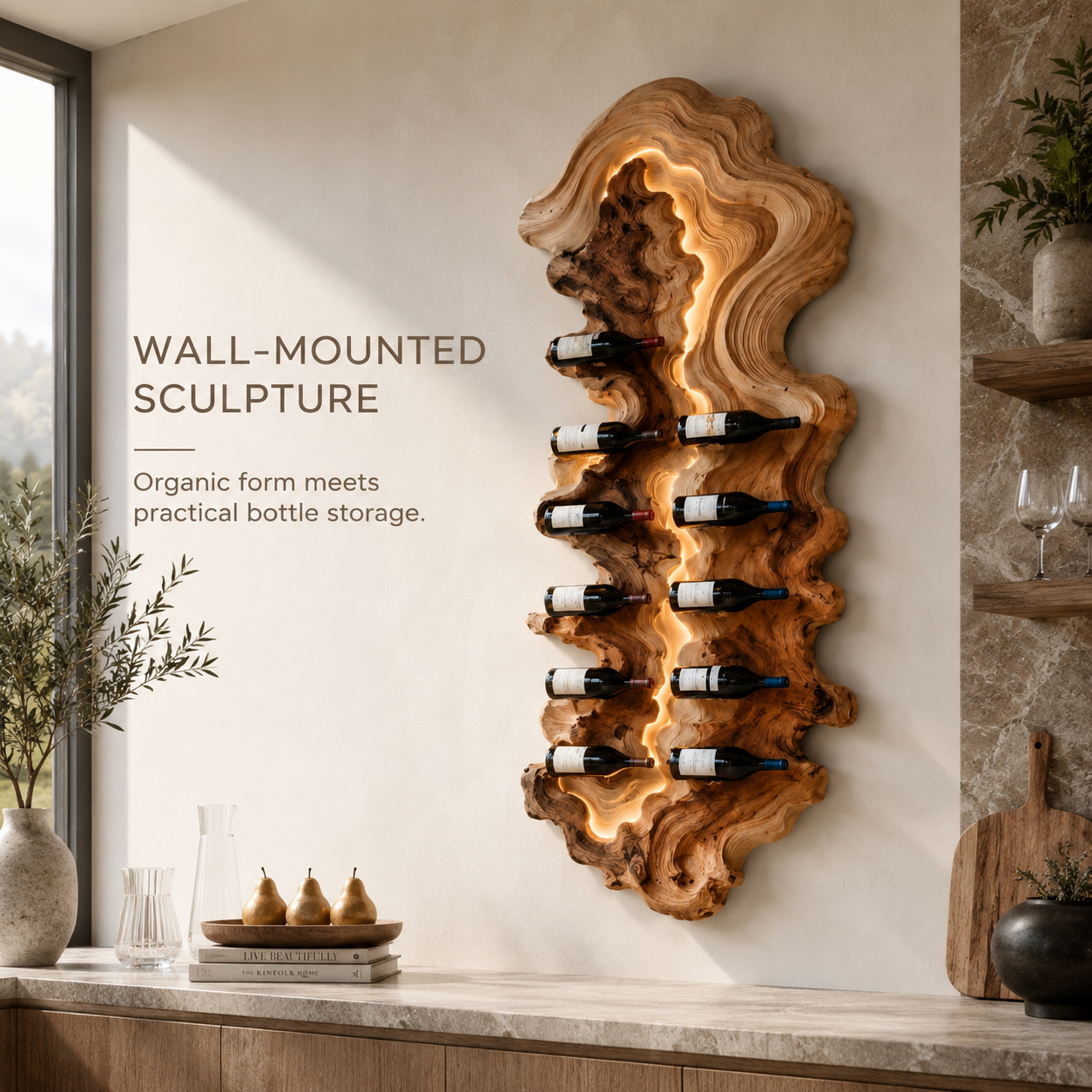 Solid Wood Wall Wine Rack with Glass Holder - Floating Rail - product image 03