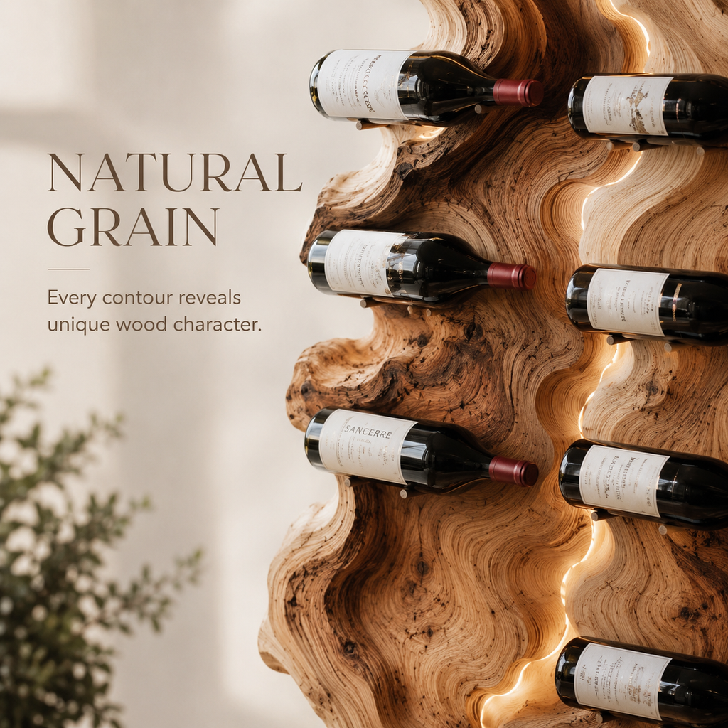 Solid Wood Wall Wine Rack with Glass Holder - Floating Rail - product image 05