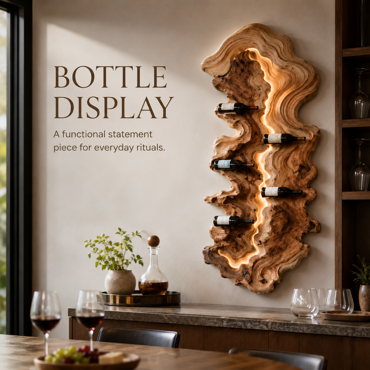 Solid Wood Wall Wine Rack with Glass Holder - Floating Rail - product image 07
