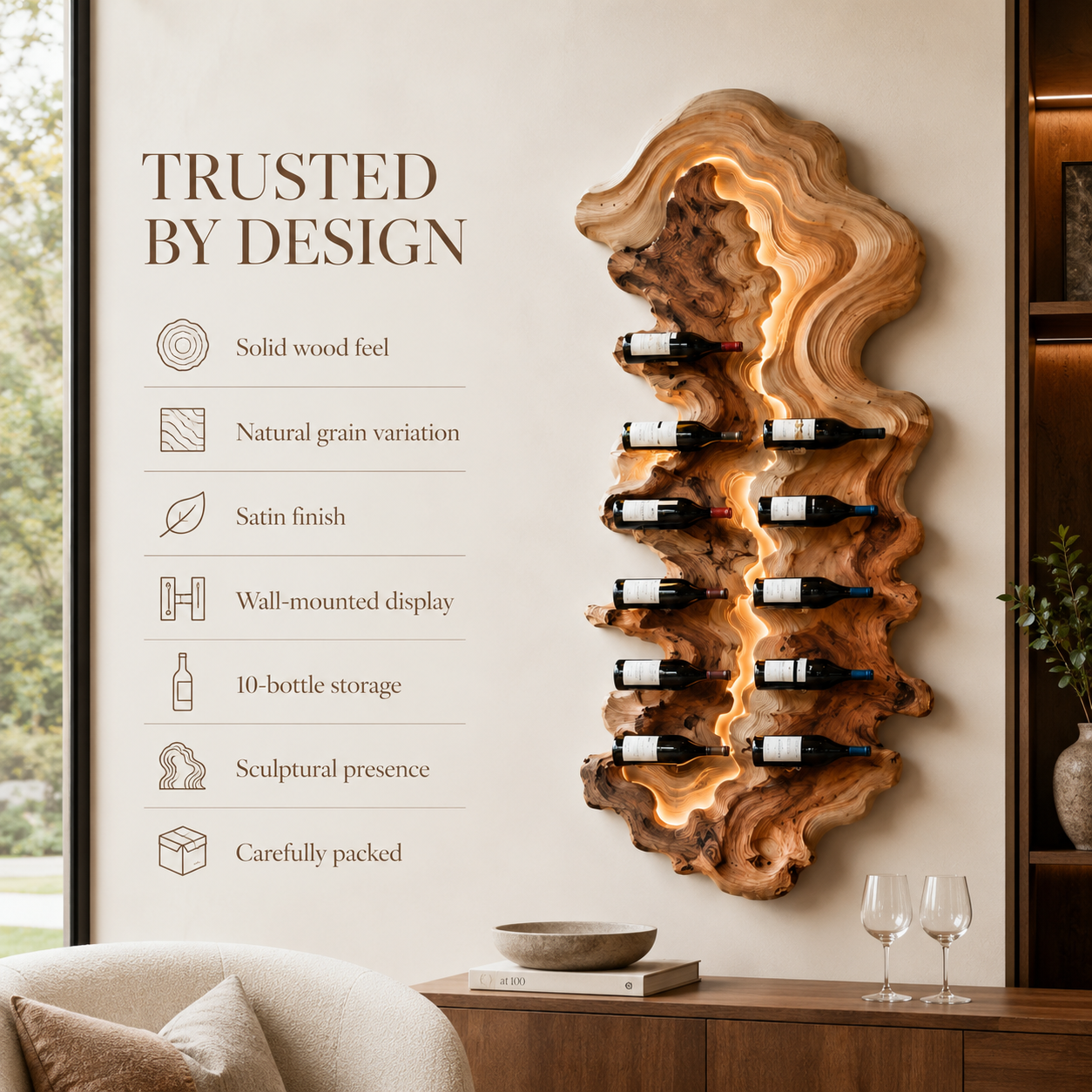 Solid Wood Wall Wine Rack with Glass Holder - Floating Rail - product image 09