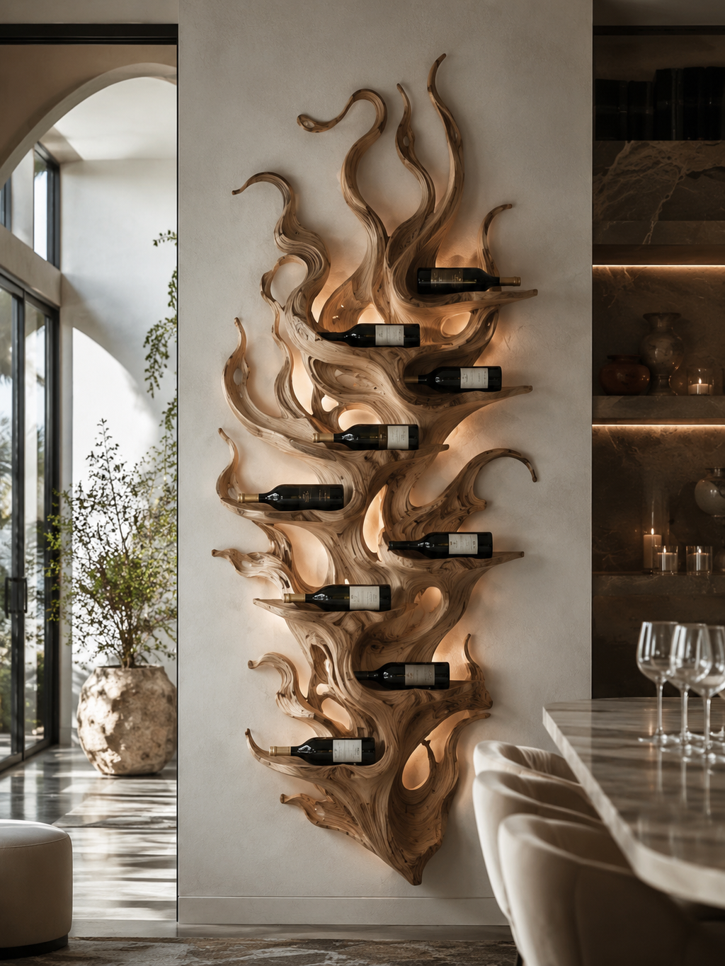 Solid Wood Wall Wine Rack with Glass Holder - River Form - main view