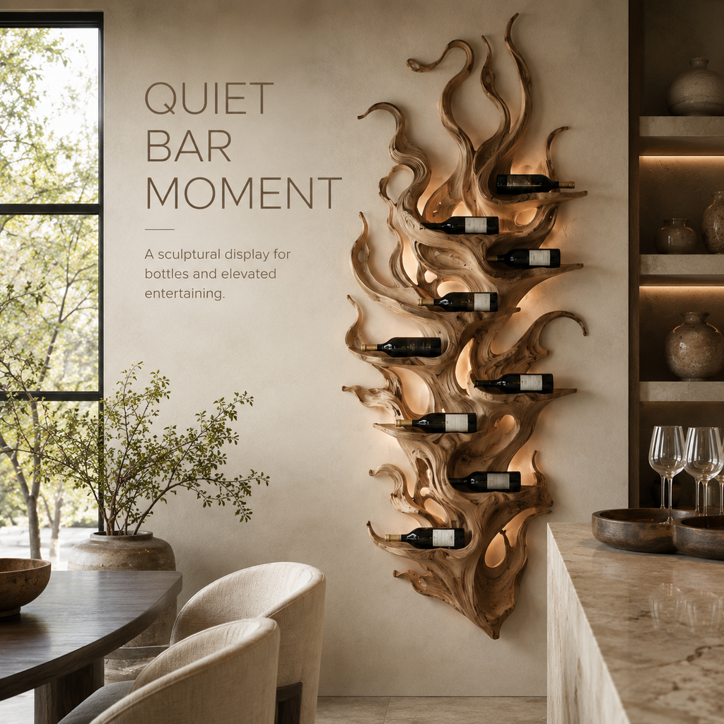 Solid Wood Wall Wine Rack with Glass Holder - River Form - product image 02