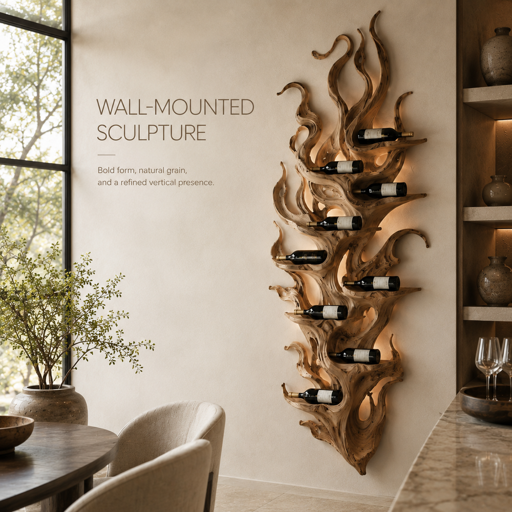 Solid Wood Wall Wine Rack with Glass Holder - River Form - product image 03
