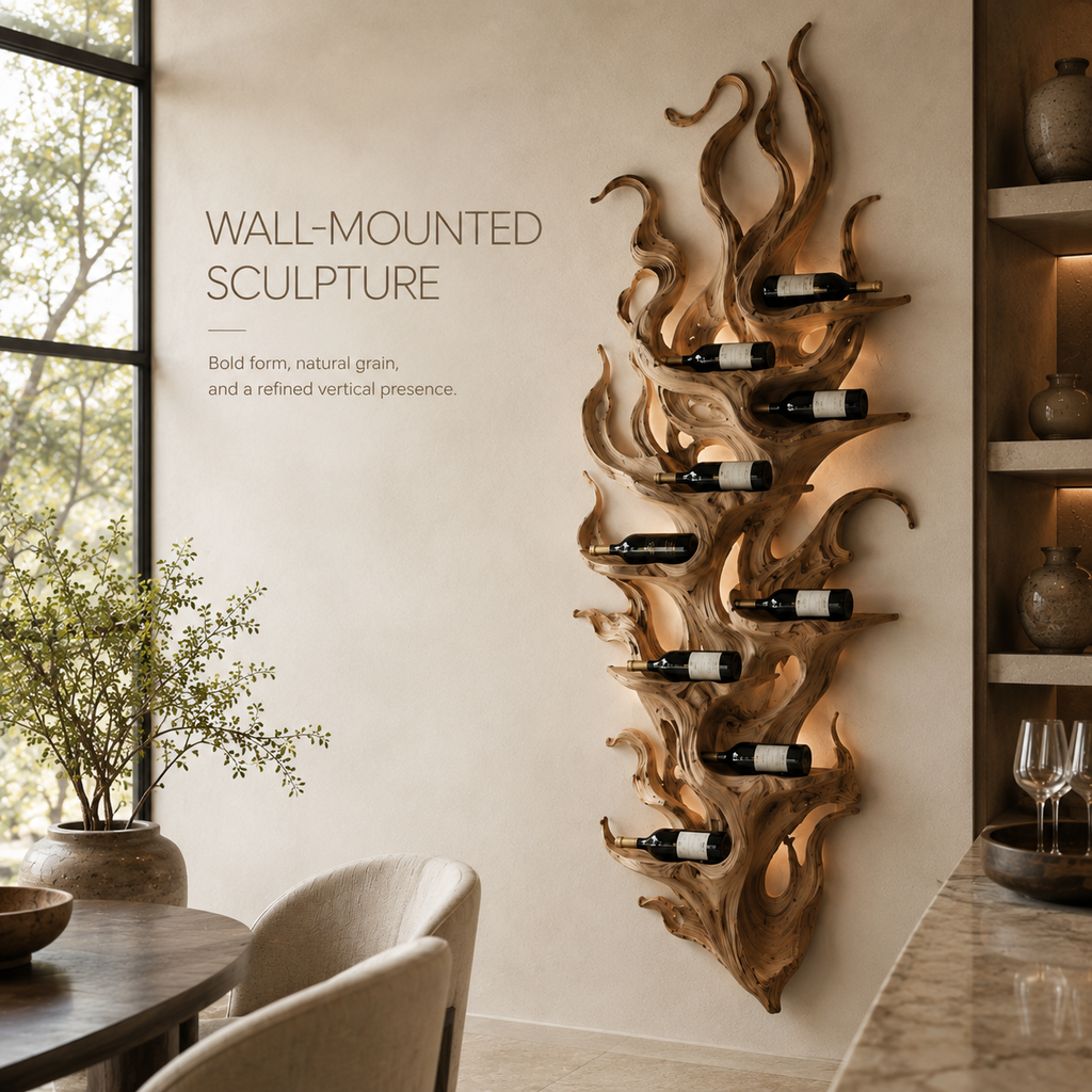 Solid Wood Wall Wine Rack with Glass Holder - River Form - product image 03