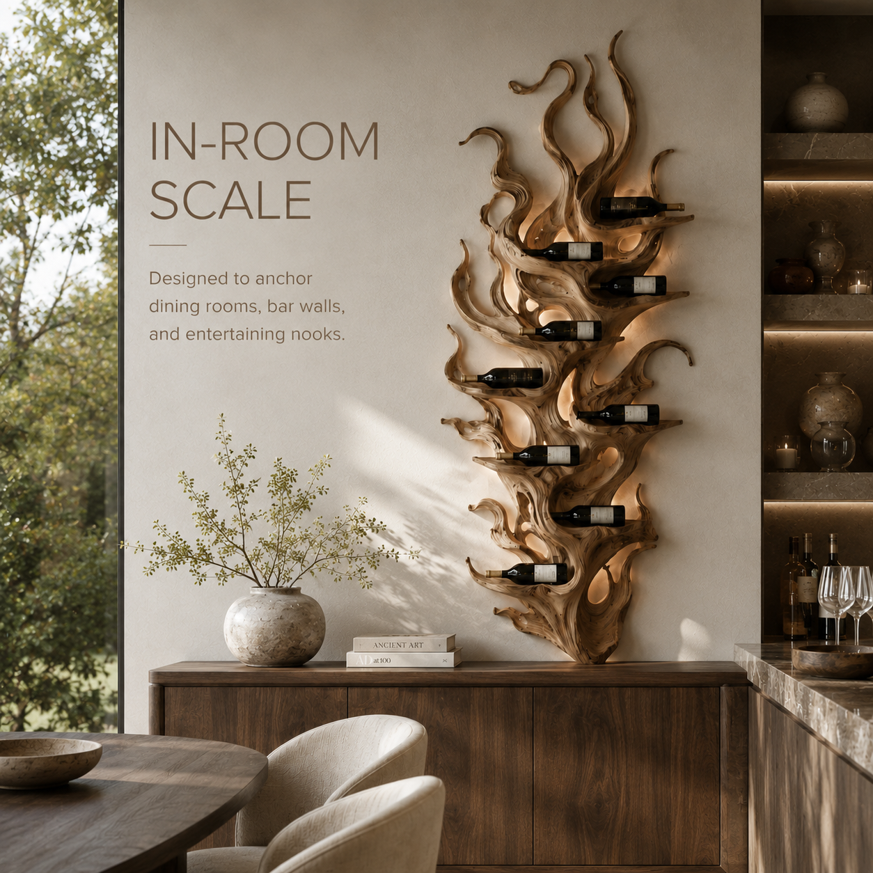 Solid Wood Wall Wine Rack with Glass Holder - River Form - product image 04