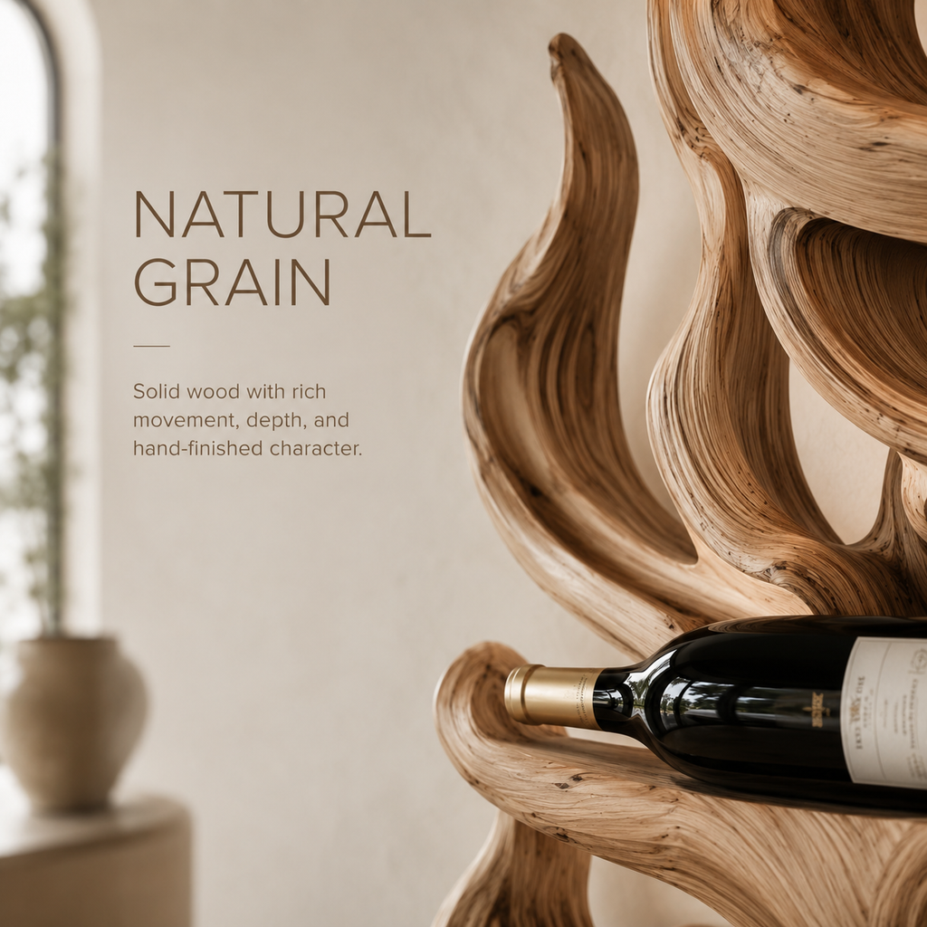Solid Wood Wall Wine Rack with Glass Holder - River Form - product image 05