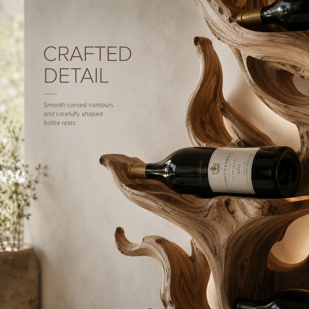 Solid Wood Wall Wine Rack with Glass Holder - River Form - product image 06