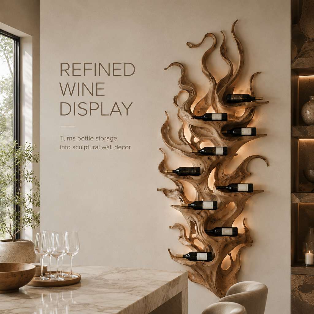 Solid Wood Wall Wine Rack with Glass Holder - River Form - product image 07